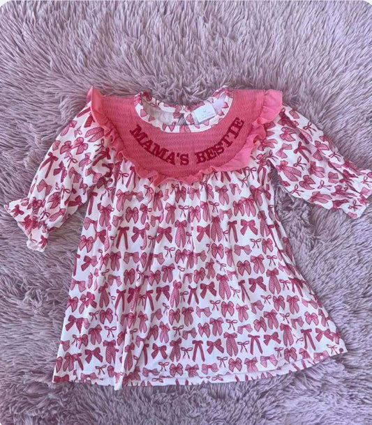 “Mama’s Bestie” Pink Bow Ruffle Dress